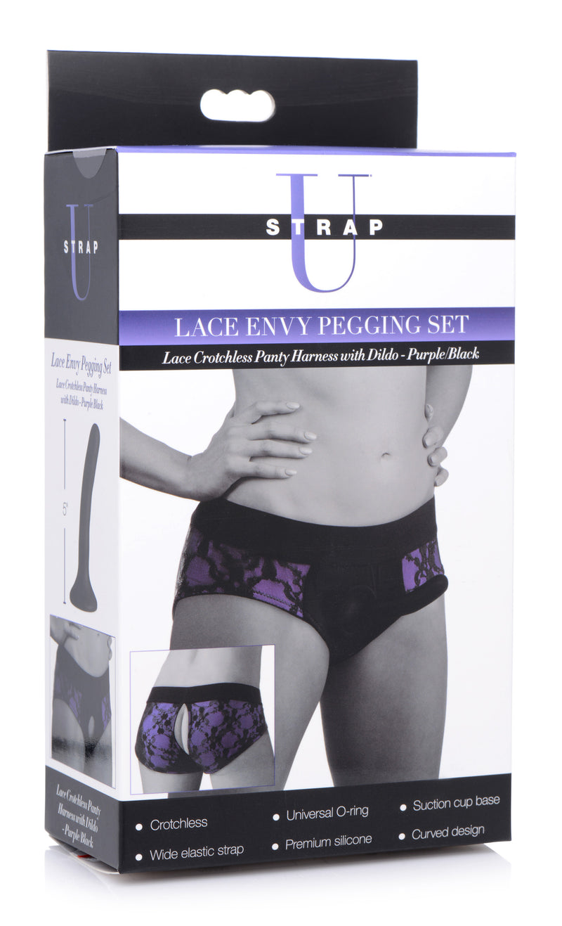 Lace Envy Pegging Set with Lace Crotchless Panty Harness and Dildo - L-XL DildoHarness from Strap U