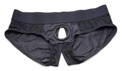 Lace Envy Black Crotchless Panty Harness - L-XL DildoHarness from Strap U