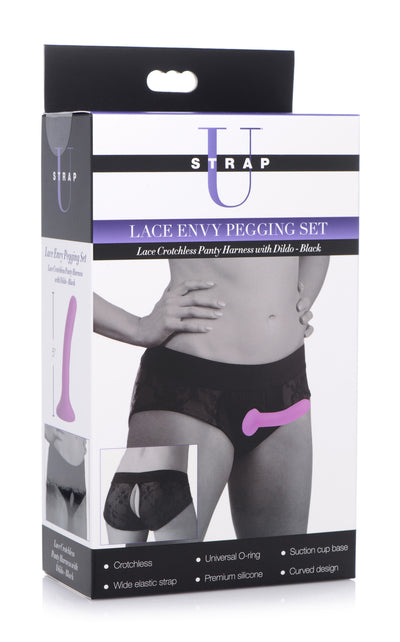 Lace Envy Black Pegging Set with Lace Crotchless Panty Harness and Dildo - L-XL DildoHarness from Strap U