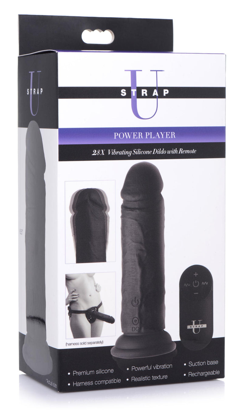 Power Player 28X Vibrating Silicone Dildo with Remote - Black vibesextoys from Strap U