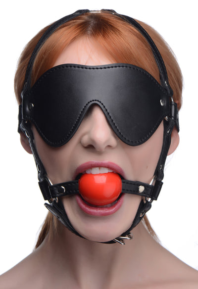 Blindfold Harness and Red Ball Gag Hoods from Strict