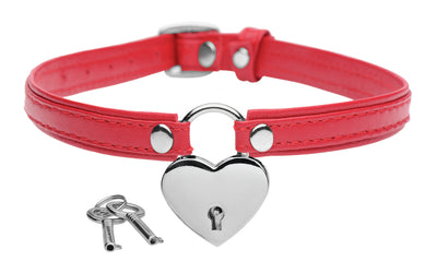 Heart Lock Leather Choker with Lock and Key - Red FetishClothing from Master Series