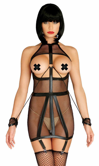 Wet Look Fishnet Bondage Garter Dress with Restraint Cuffs - Medium/Large FetishClothing from Leg Avenue