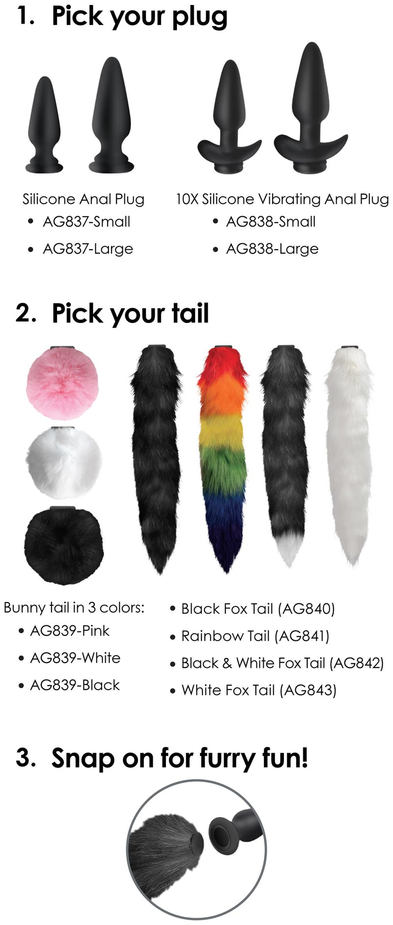 Large Anal Plug with Interchangeable Fox Tail - Black and White butt-plugs from Tailz