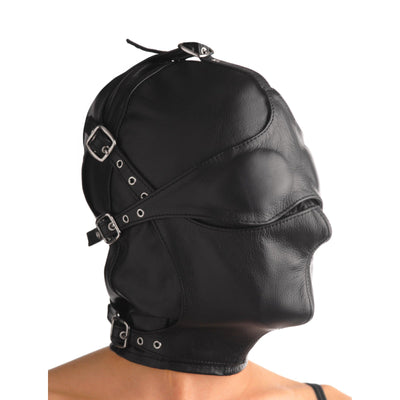 Asylum Leather Hood with Removable Blindfold and Muzzle- ML - The Dildo Hub