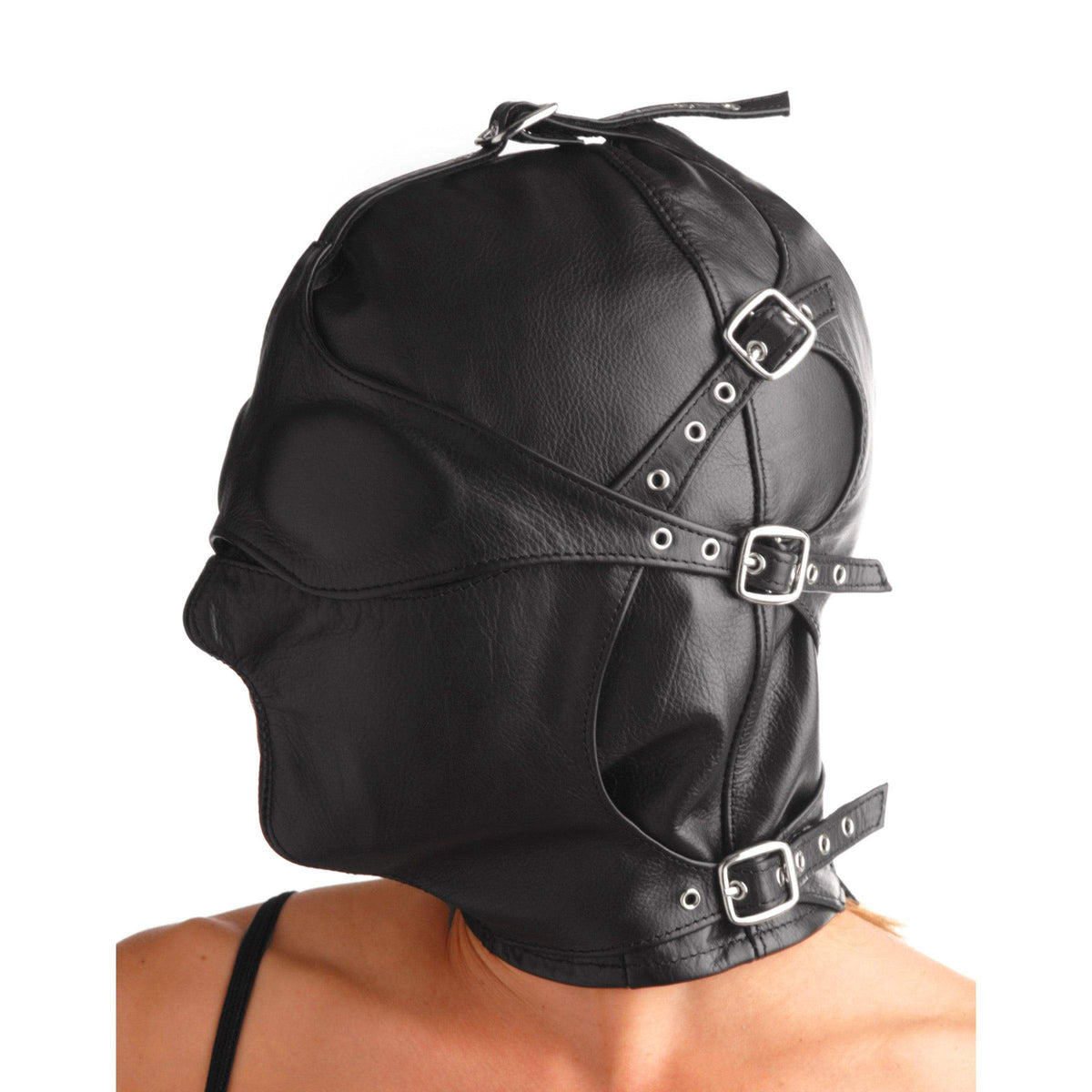 Asylum Leather Hood with Removable Blindfold and Muzzle- SM - The Dildo Hub