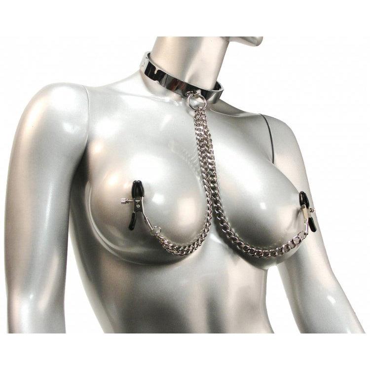 Chrome Slave Collar with Nipple Clamps - SmallMedium - The Dildo Hub