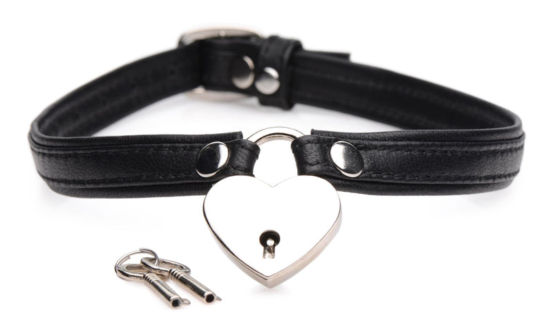 Heart Lock Leather Choker with Lock and Key - Black - The Dildo Hub