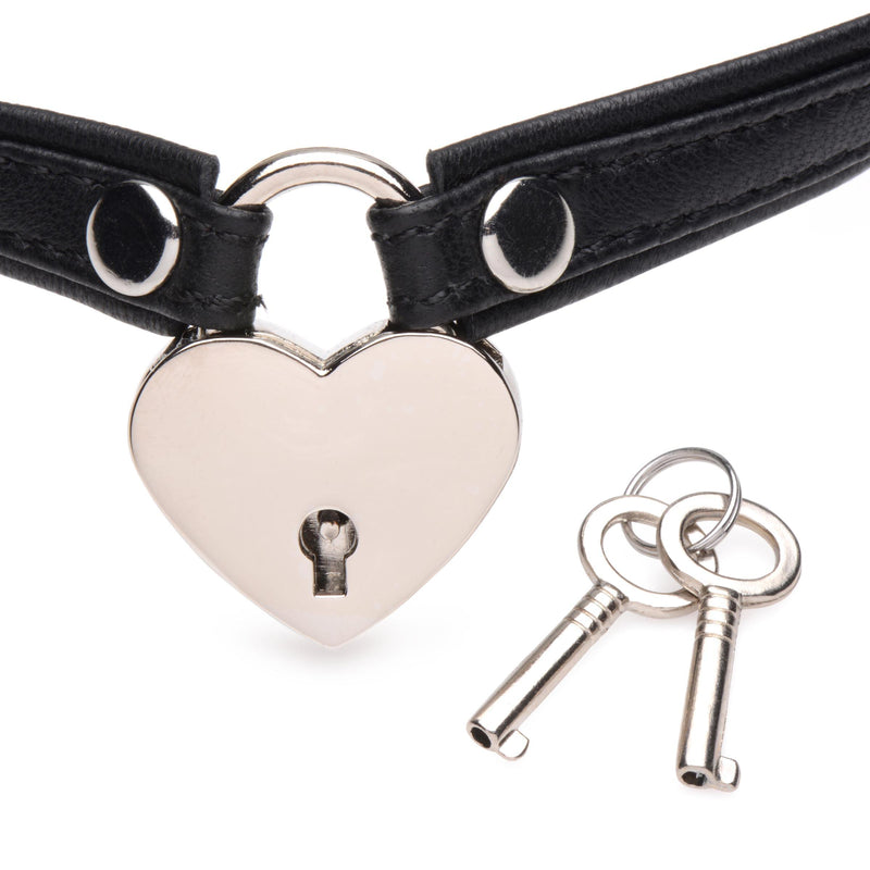 Heart Lock Leather Choker with Lock and Key - Black - The Dildo Hub