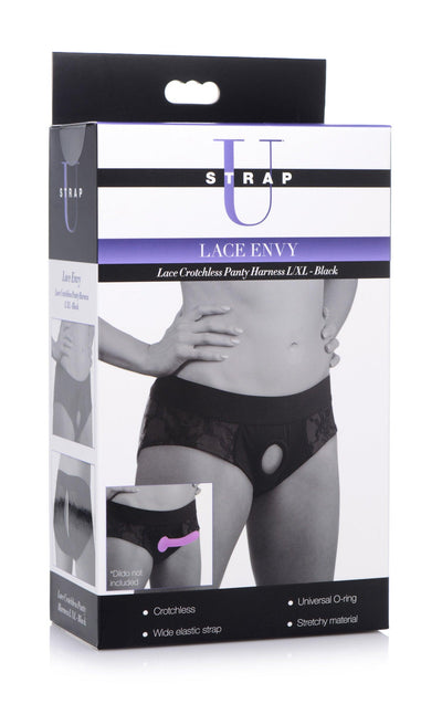 Lace Envy Black Crotchless Panty Harness - L-XL - The Dildo Hub