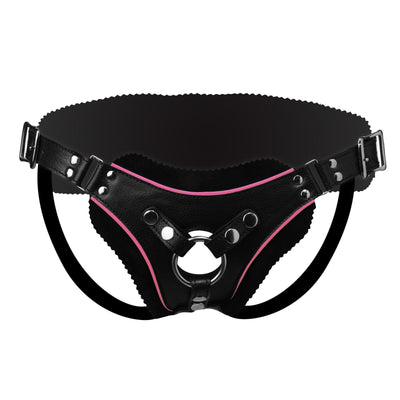 Low Rise Leather Strap On Dildo Harness with Pink Accents - The Dildo Hub