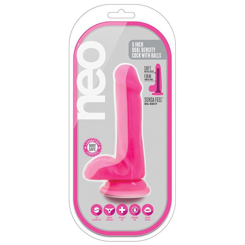 Neo - 6 Inch Dual Density Cock With Balls - Neon Pink - The Dildo Hub