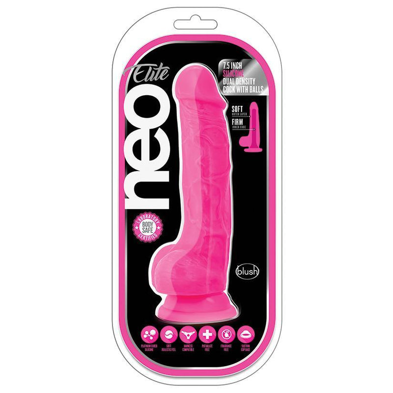 Neo Elite Silicone Dual Density Cock with Balls-Neon Pink 7.5 Inch - The Dildo Hub