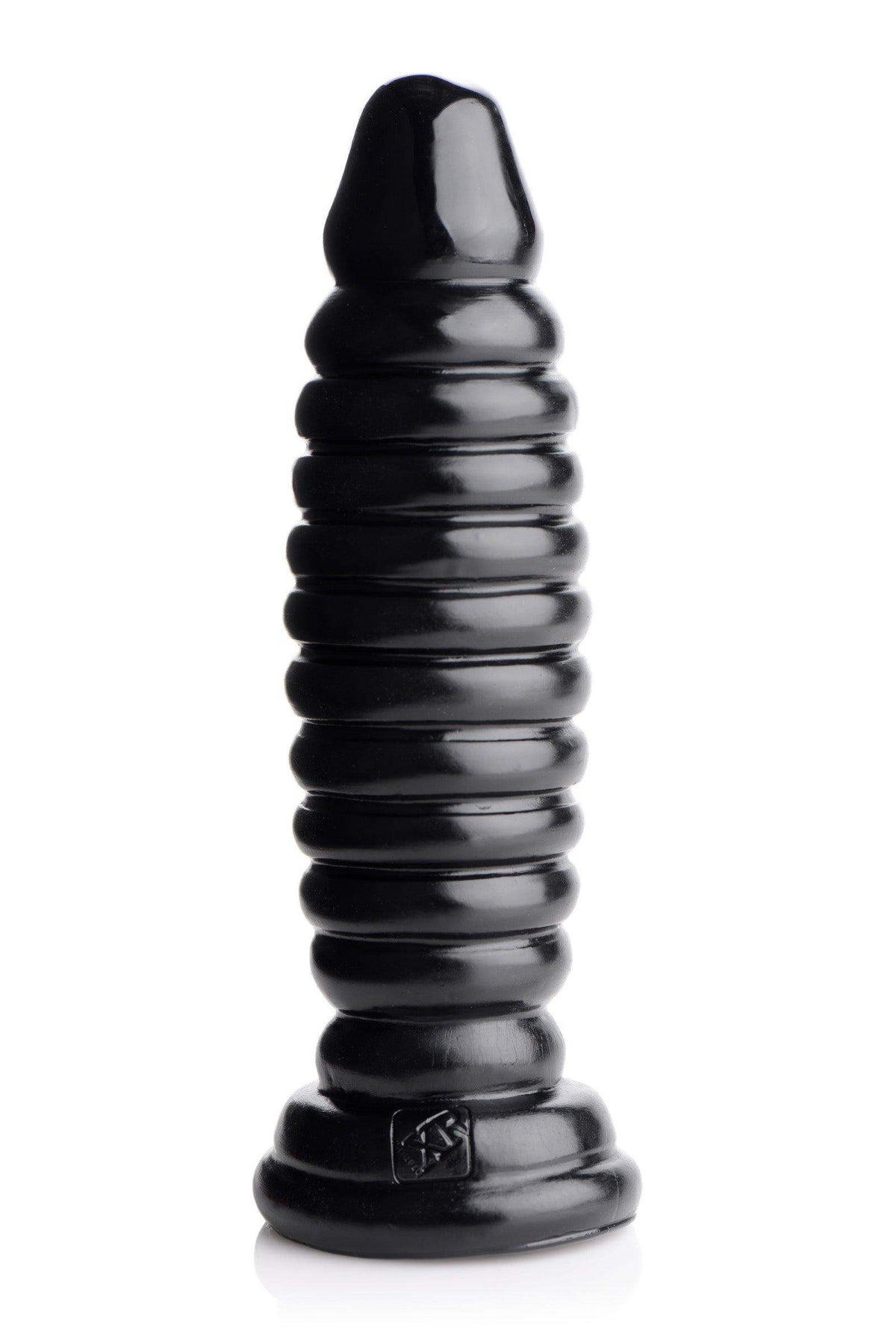 A black, ribbed anal plug with a flared base, featuring a series of gradually increasing rings along its shaft.