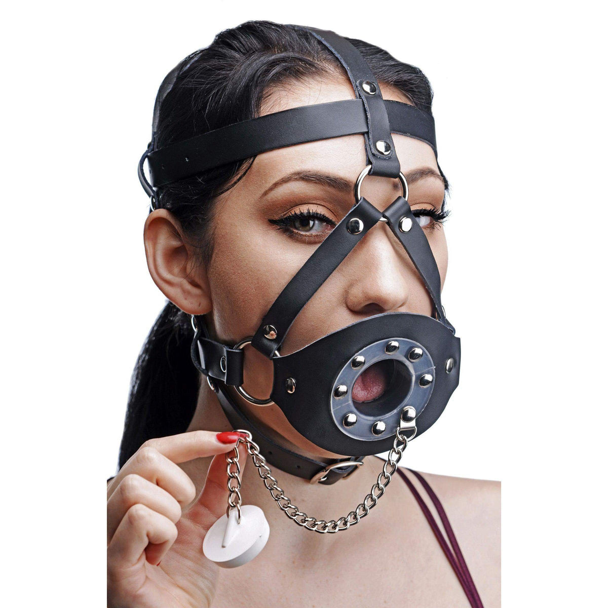 Plug Your Hole Open Mouth Leather Head Harness - The Dildo Hub