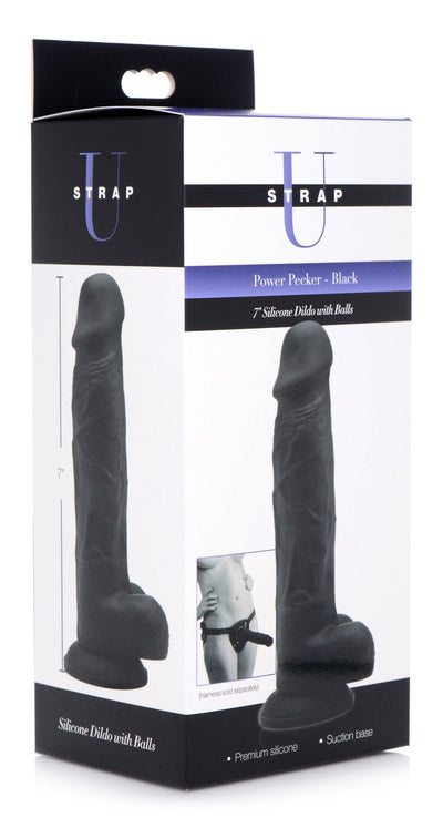 Power Pecker 7 Inch Silicone Dildo with Balls - Black - The Dildo Hub