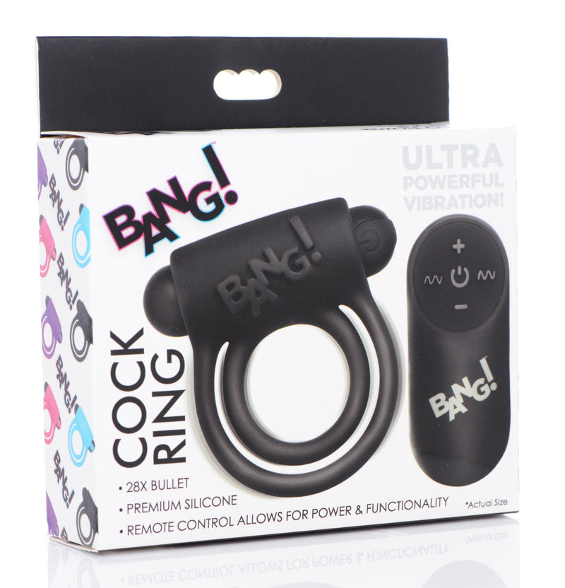 Remote Control 28X Vibrating Cock Ring and Bullet - Black - The Dildo Hub