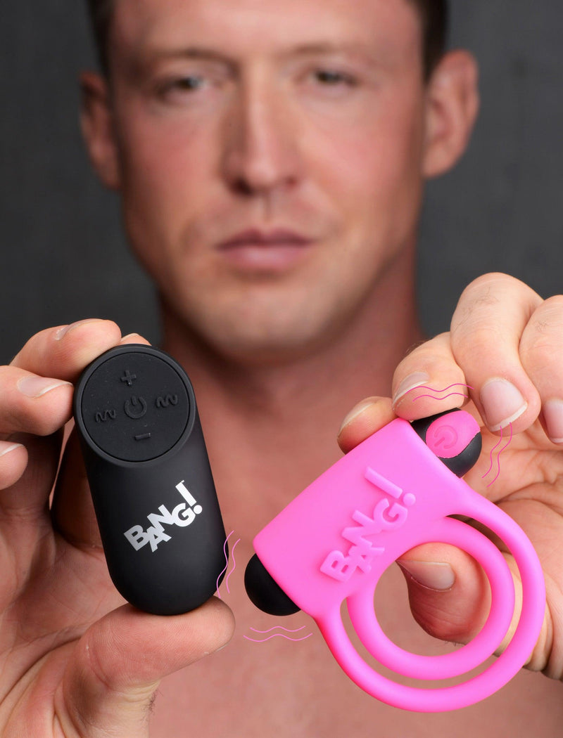 Remote Control 28X Vibrating Cock Ring and Bullet - Pink - The Dildo Hub