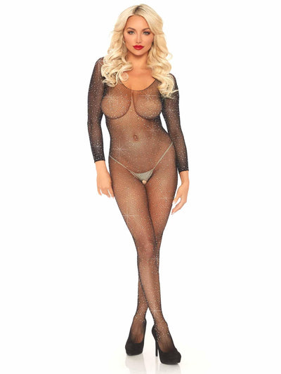 Rhinestone Fishnet Long Sleeved Crotchless Bodystocking - The Dildo Hub