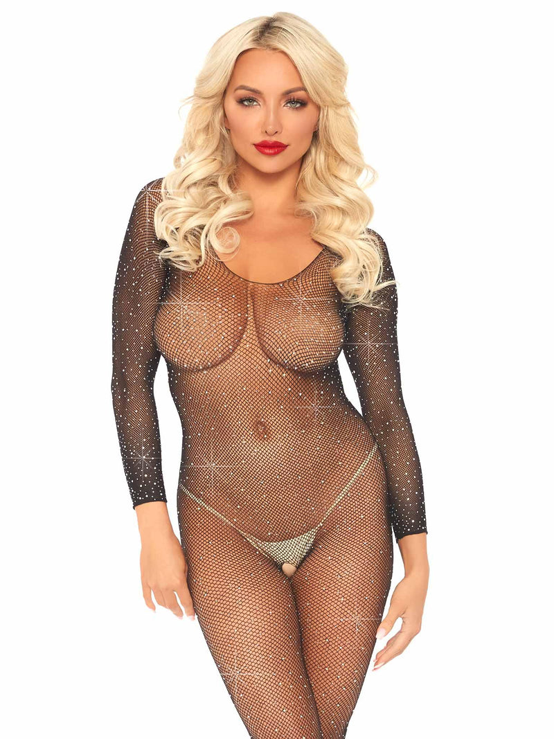 Rhinestone Fishnet Long Sleeved Crotchless Bodystocking - The Dildo Hub