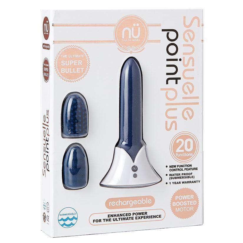 Sensuelle Point Plus 20-function Rechargable Silicone Bullet Vibrator With Textured Tips - Navy Blue - The Dildo Hub