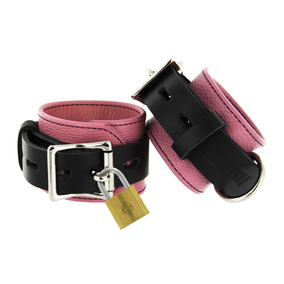 Strict Leather Pink and Black Deluxe Locking Wrist Cuffs LeatherR from Strict Leather