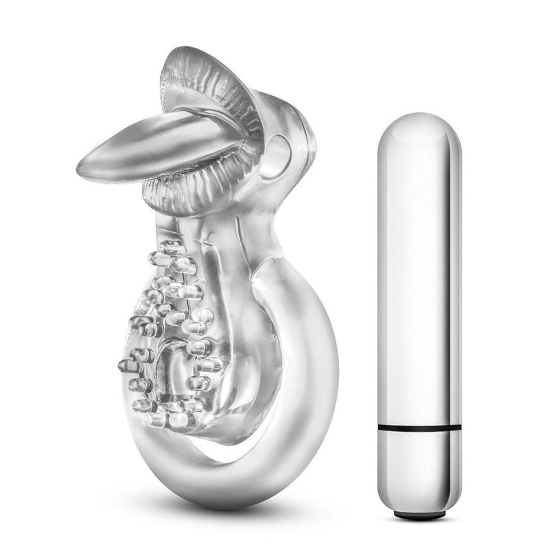 Stay Hard 10 Function Vibrating Tongue Cock Ring - Clear | Blush - The Dildo Hub