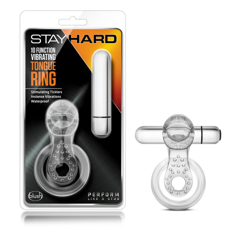 Stay Hard 10 Function Vibrating Tongue Cock Ring - Clear | Blush - The Dildo Hub