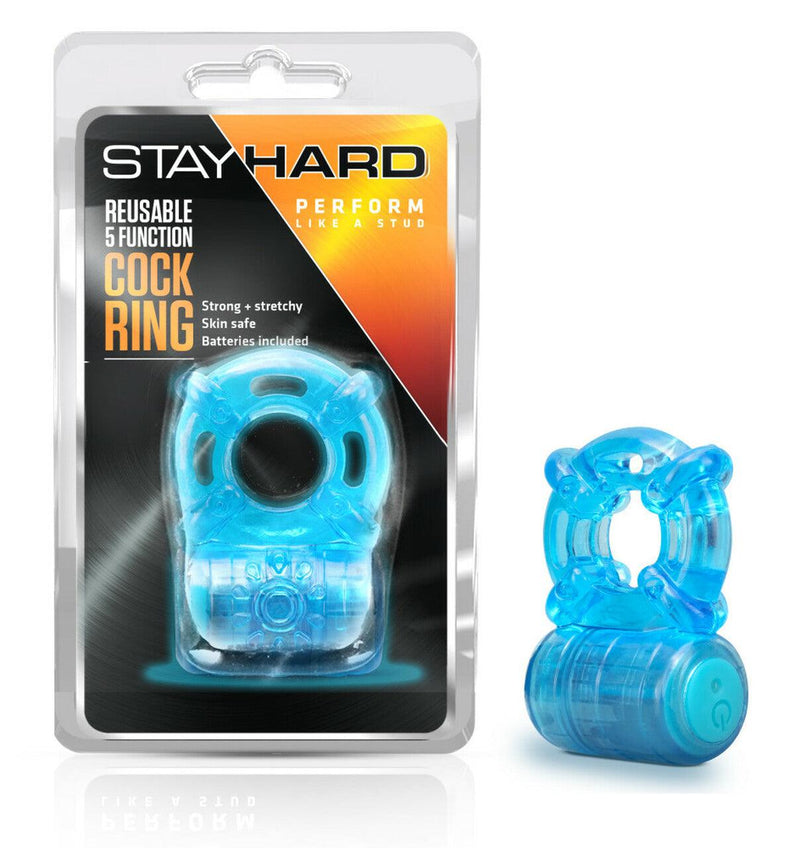 Stay Hard Reusable 5 Function Vibrating Cock Ring - Blue | Blush - The Dildo Hub