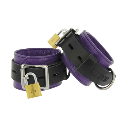 Strict Leather Purple and Black Deluxe Locking Wrist Cuffs - The Dildo Hub