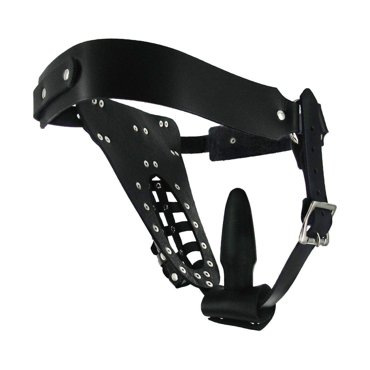The Safety Net Leather Male Chastity Belt with Anal Plug Harness - The Dildo Hub