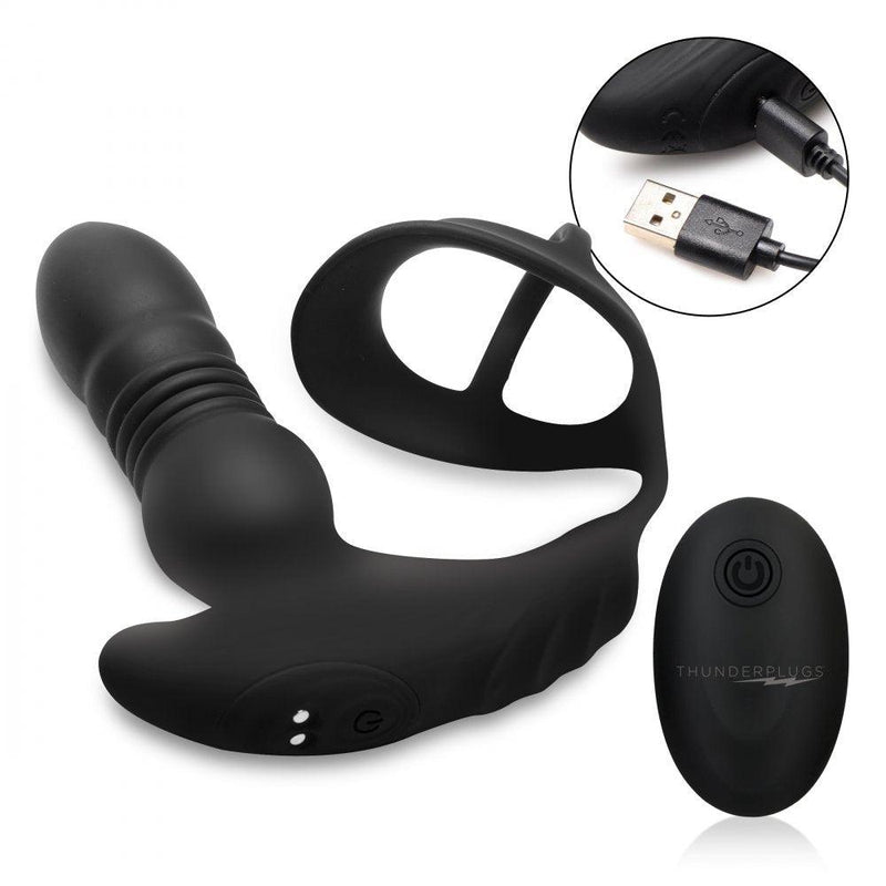 Thrusting Vibrator with Cock and Ball Ring and Remote - The Dildo Hub