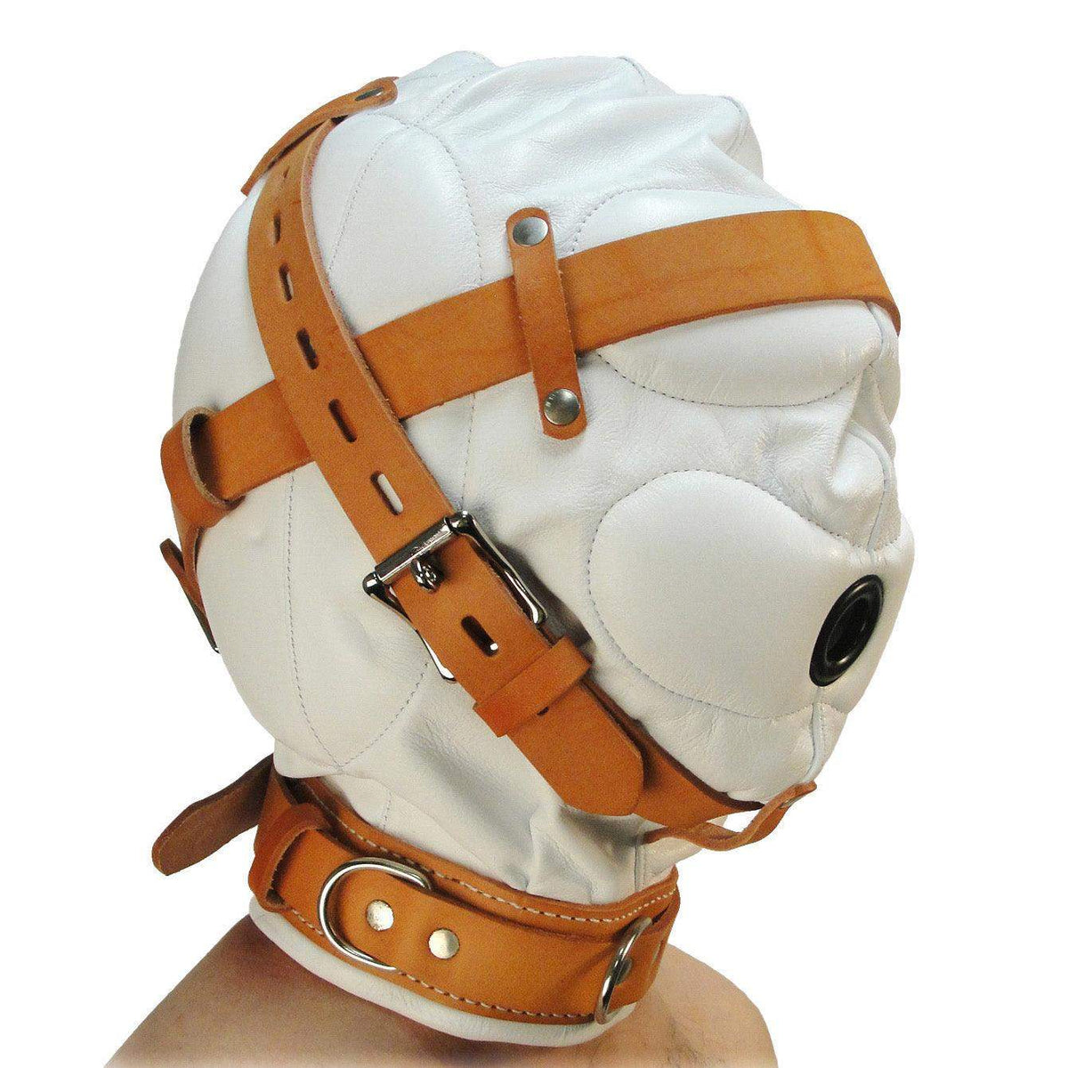Total Sensory Deprivation White Leather Hood - MediumLarge - The Dildo Hub