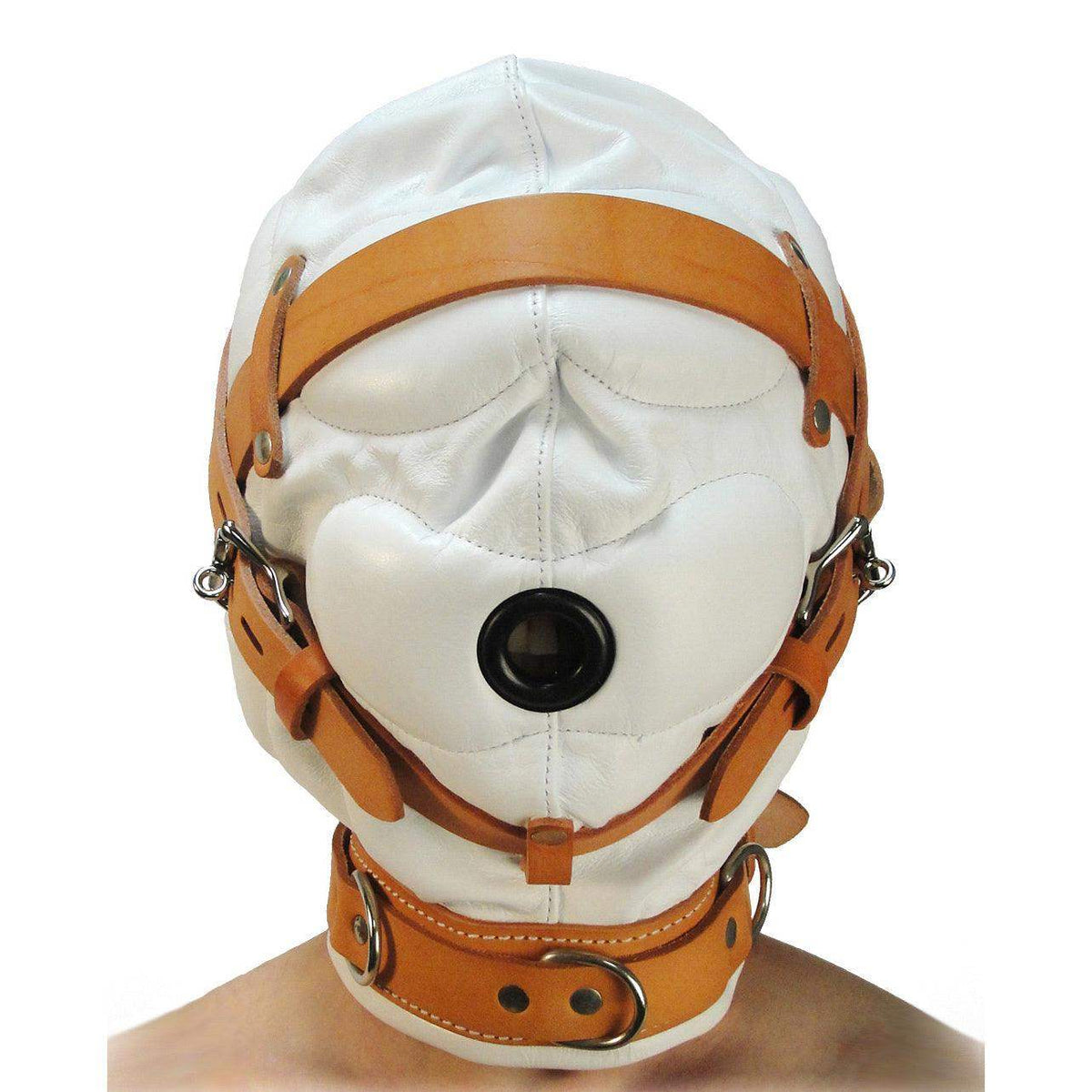 Total Sensory Deprivation White Leather Hood - MediumLarge - The Dildo Hub