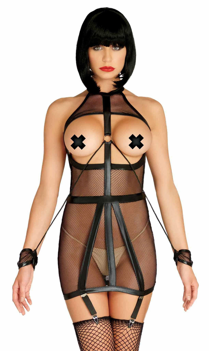 Wet Look Fishnet Bondage Garter Dress with Restraint Cuffs - Medium/Large - The Dildo Hub