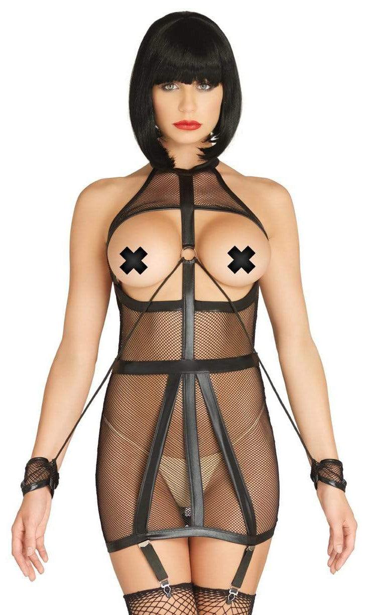 Wet Look Fishnet Bondage Garter Dress with Restraint Cuffs - The Dildo Hub